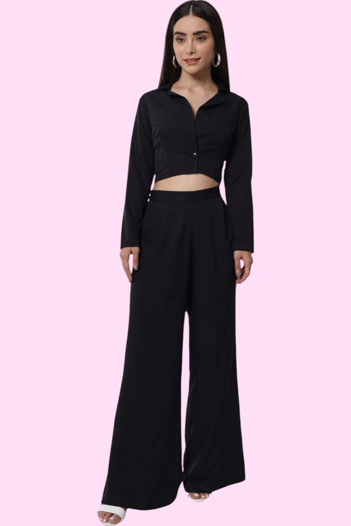 Jet Black Crepe Co-Ord Set with V-Neckline for Women