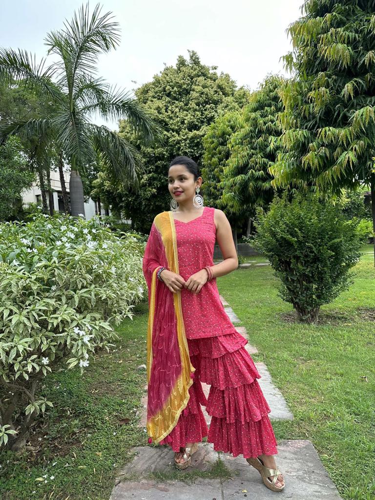 Cut Sleeves Pink Sharara Suit With Dupatta