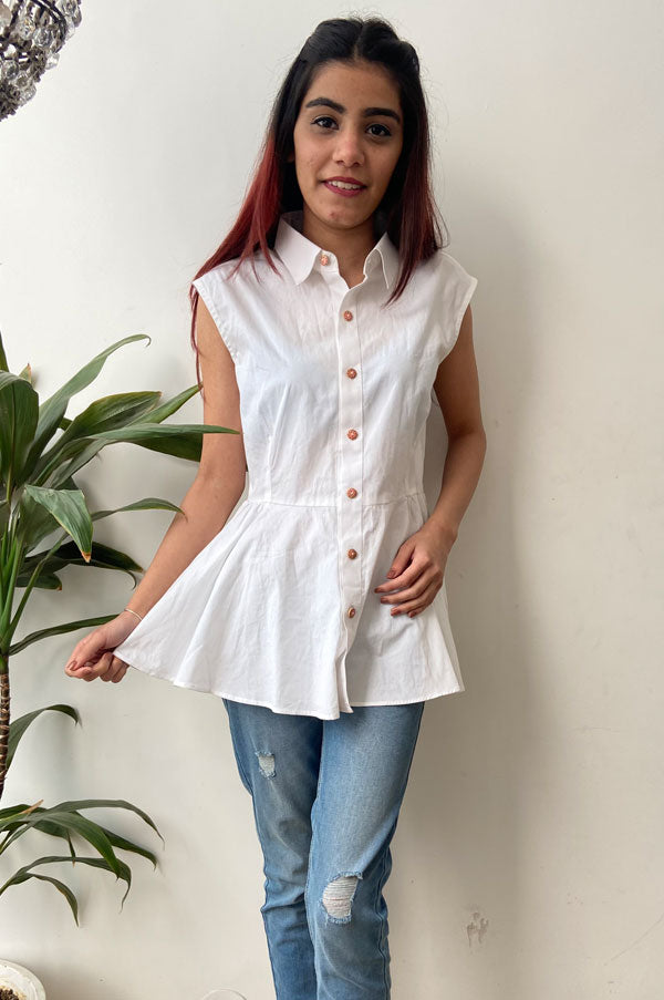 Regular Fit White Sleeveless Shirt for Women