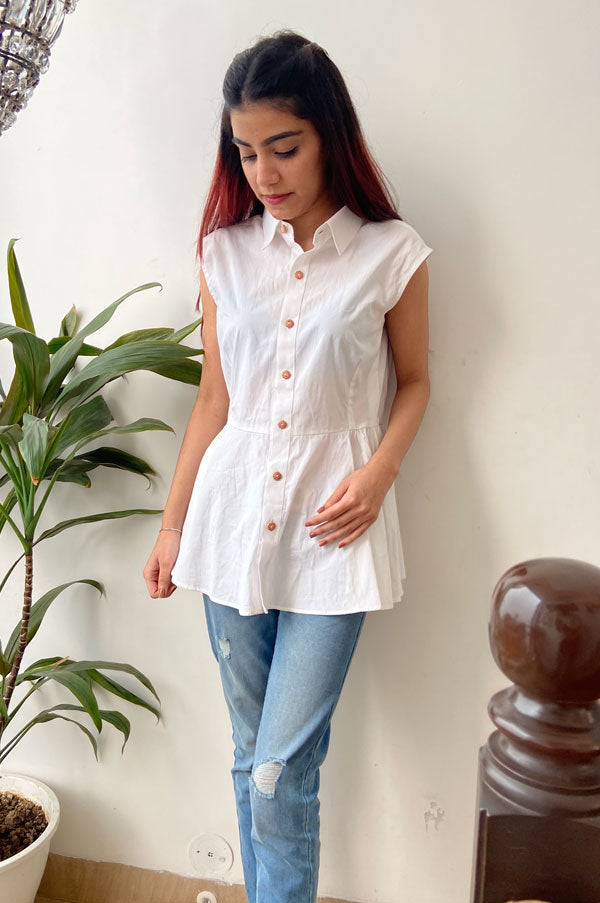 Regular Fit White Sleeveless Shirt for Women