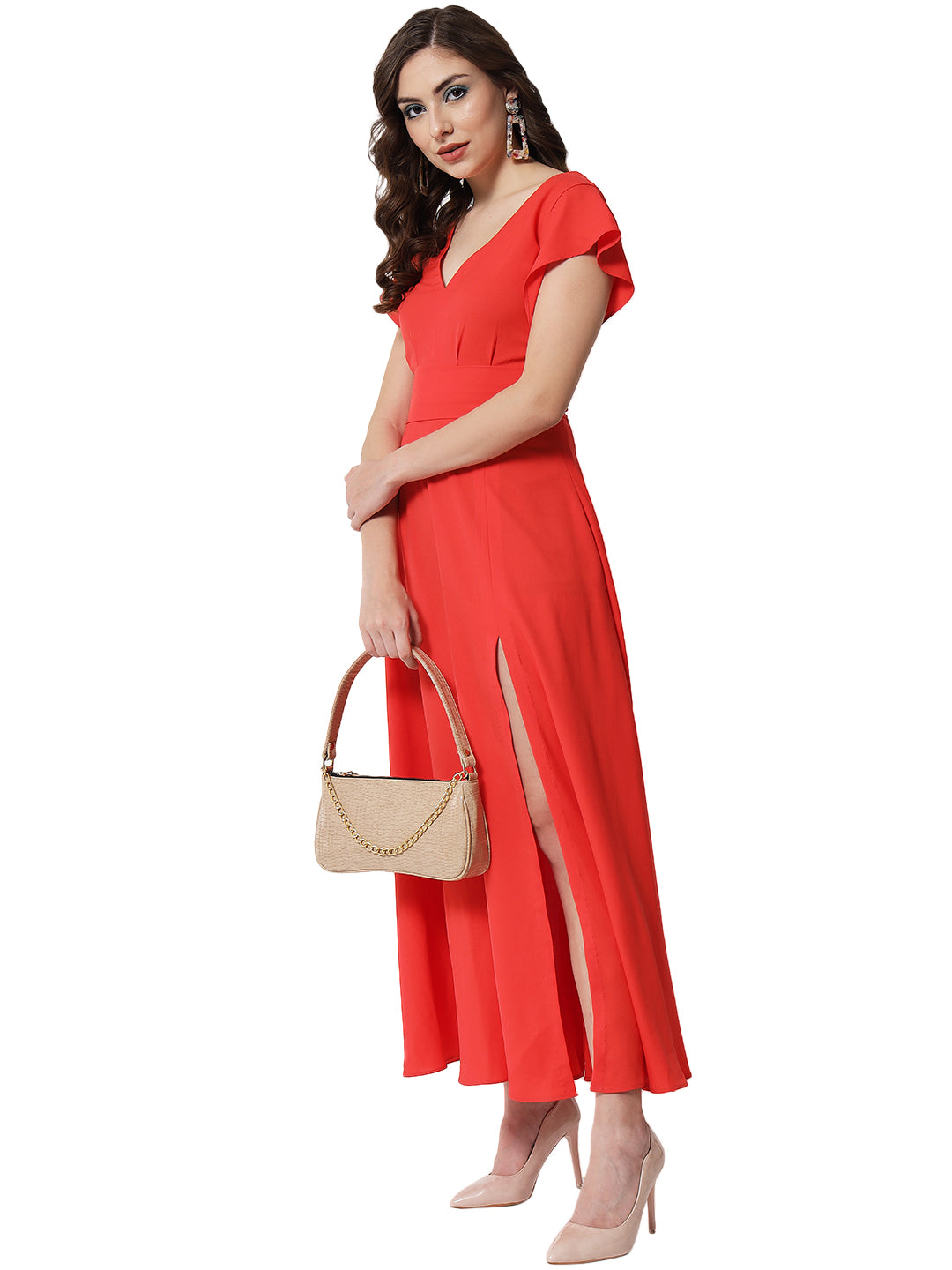 FLARED V NECK MAXI DRESS FOR WOMEN