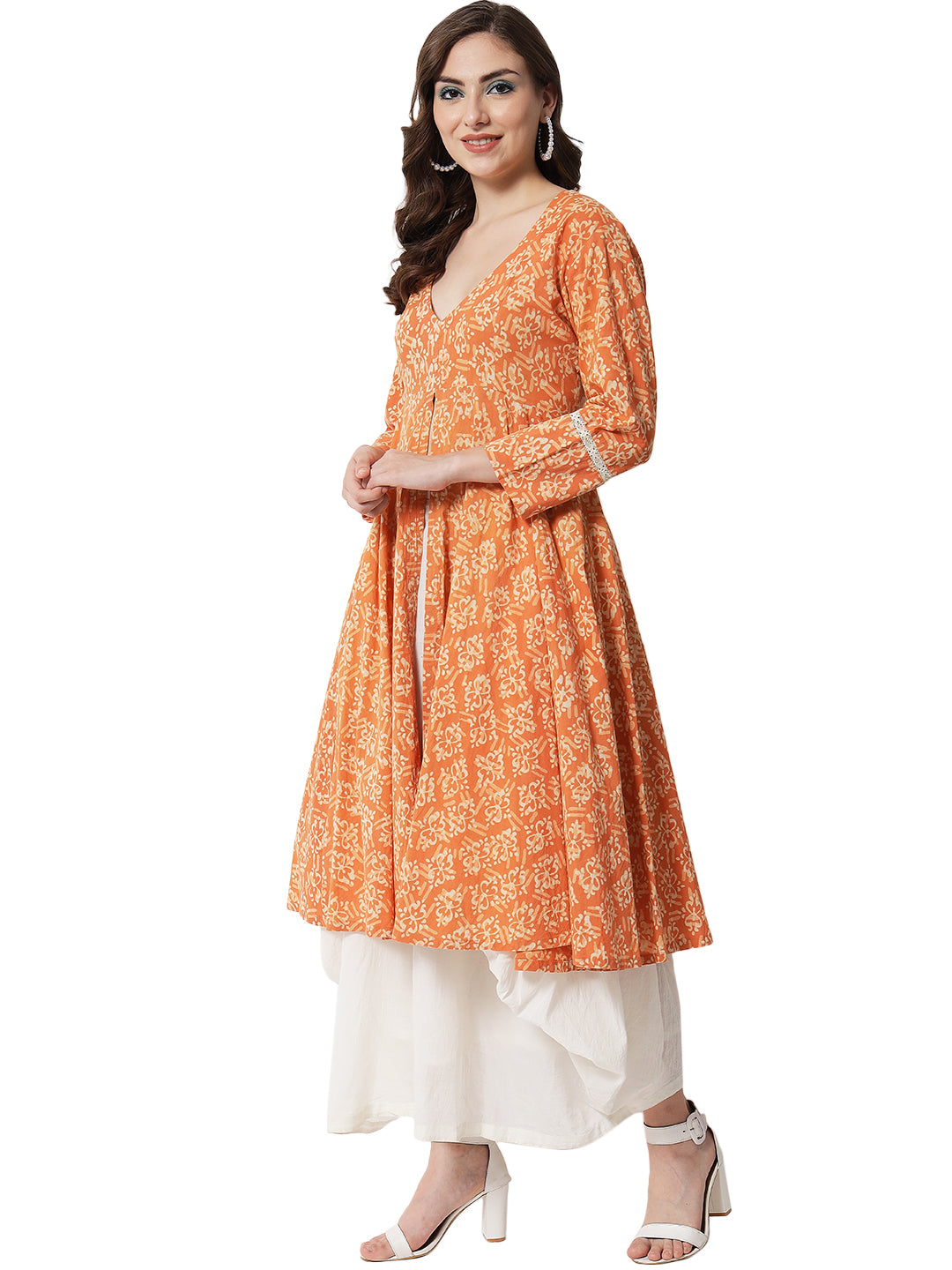 PRINTED ORANGE LACY KURTA SET FOR WOMEN