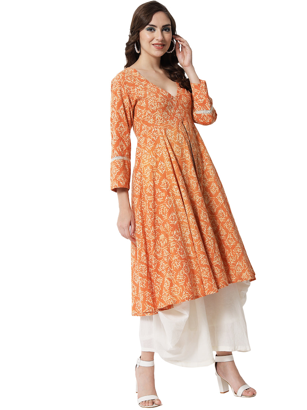 PRINTED ORANGE LACY KURTA SET FOR WOMEN