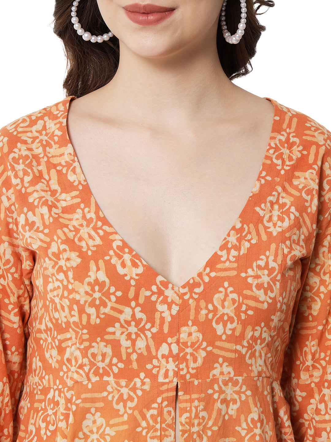 PRINTED ORANGE LACY KURTA SET FOR WOMEN