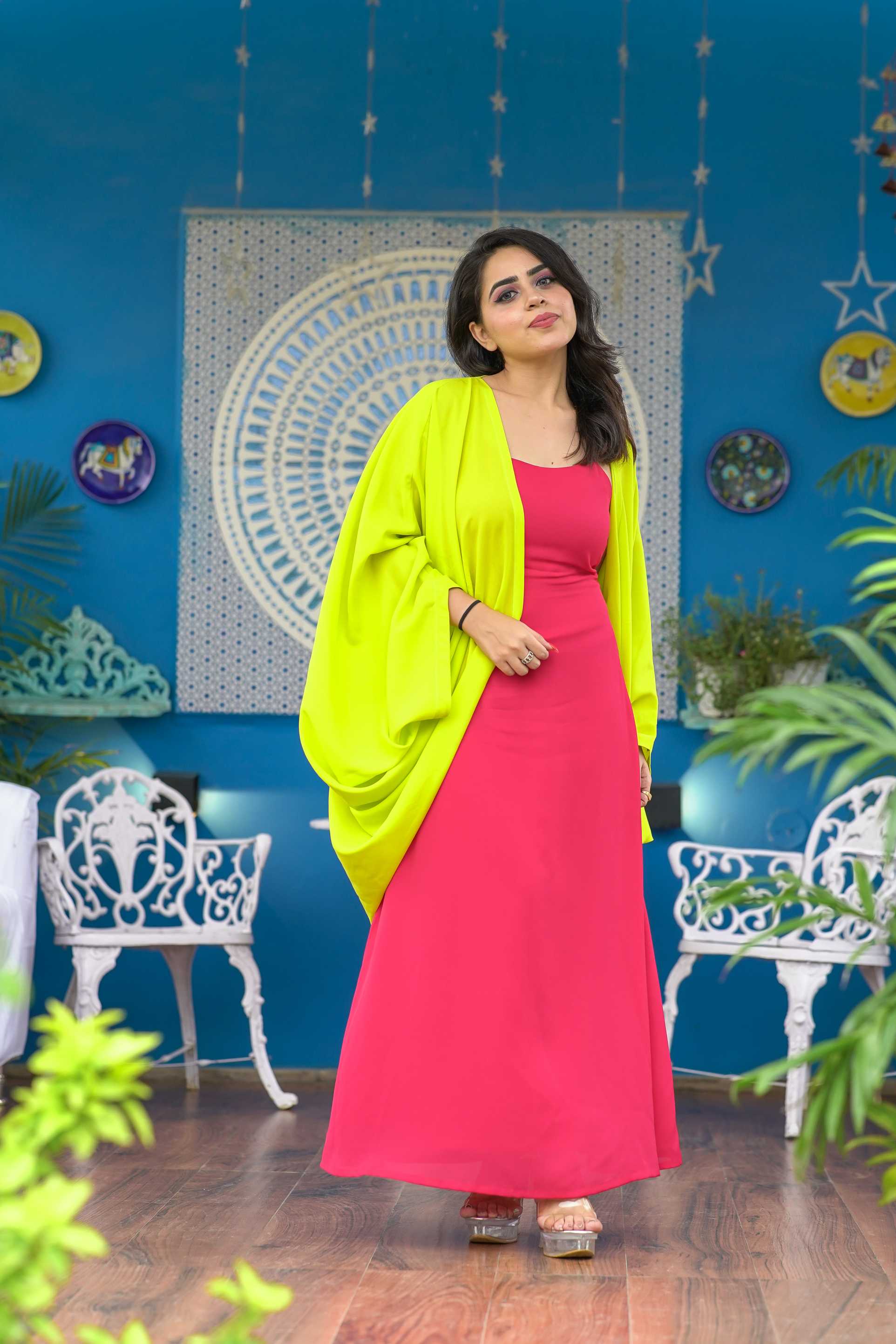 PREMIUM NEON GREEN SHRUG DRESS FOR WOMEN