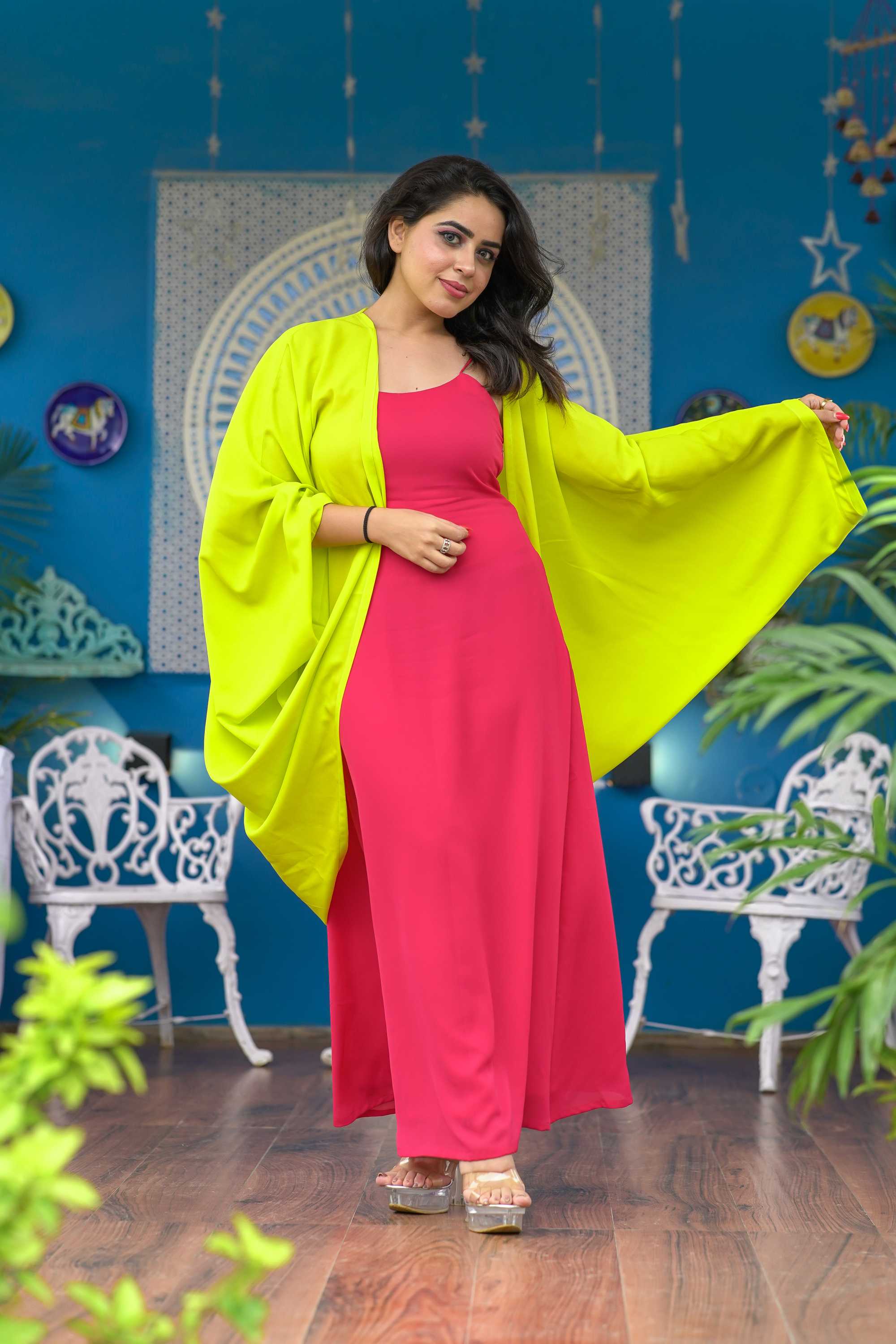 PREMIUM NEON GREEN SHRUG DRESS FOR WOMEN