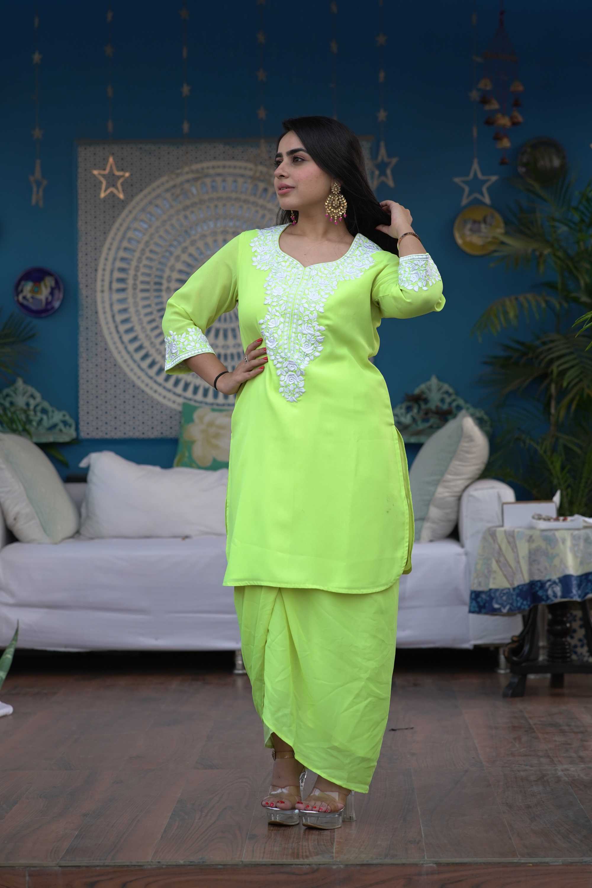 ANEKA EMBROIDERED LIME GREEN KURTA DHOTI SET