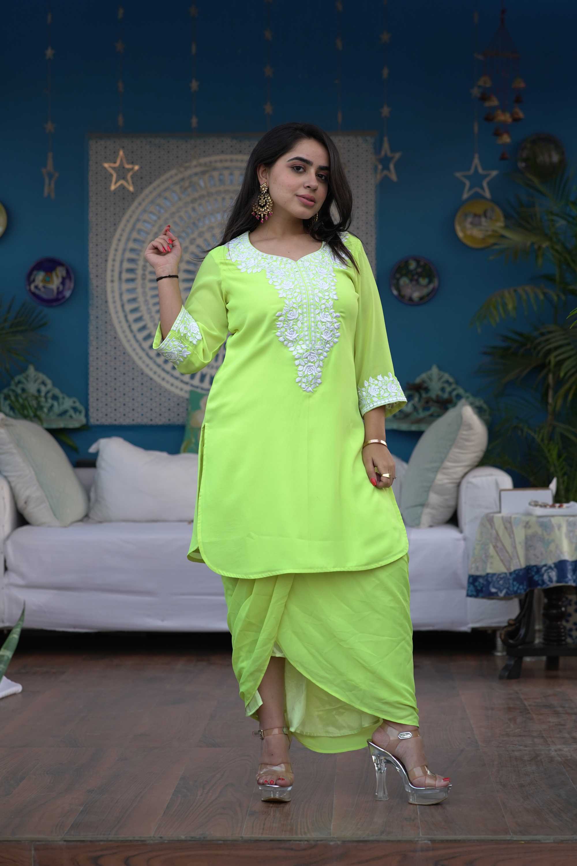 ANEKA EMBROIDERED LIME GREEN KURTA DHOTI SET