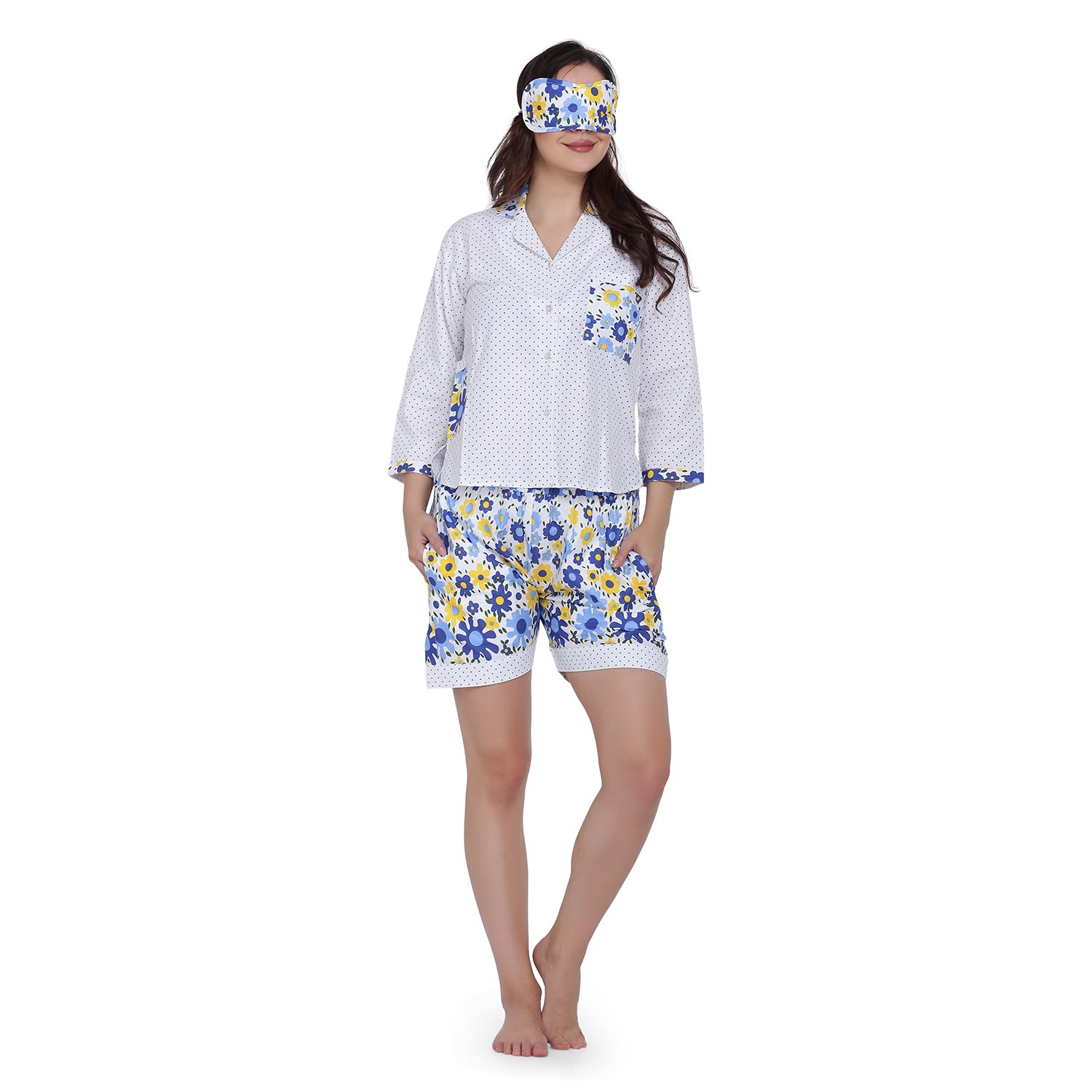 SANTORINI POLKA BLUE NIGHT SUIT WITH SHORTS