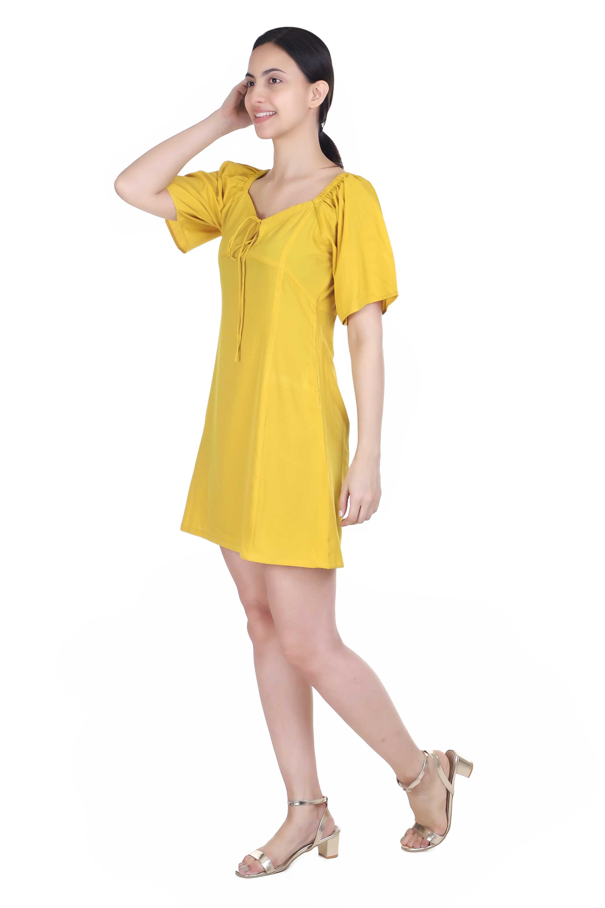 MUSTARD A LINE SWEETHEART NECK DRESS FOR WOMEN