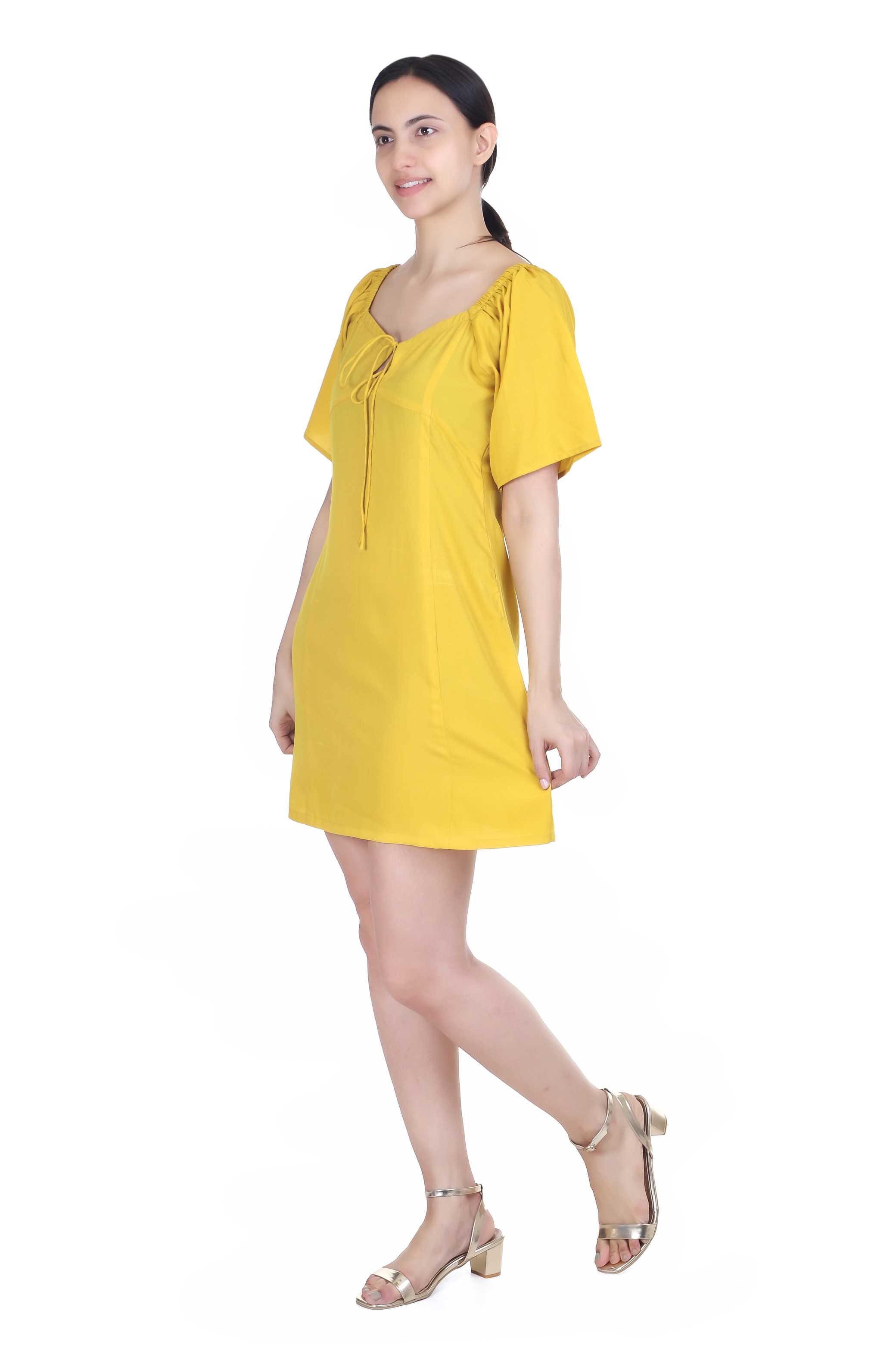 MUSTARD A LINE SWEETHEART NECK DRESS FOR WOMEN