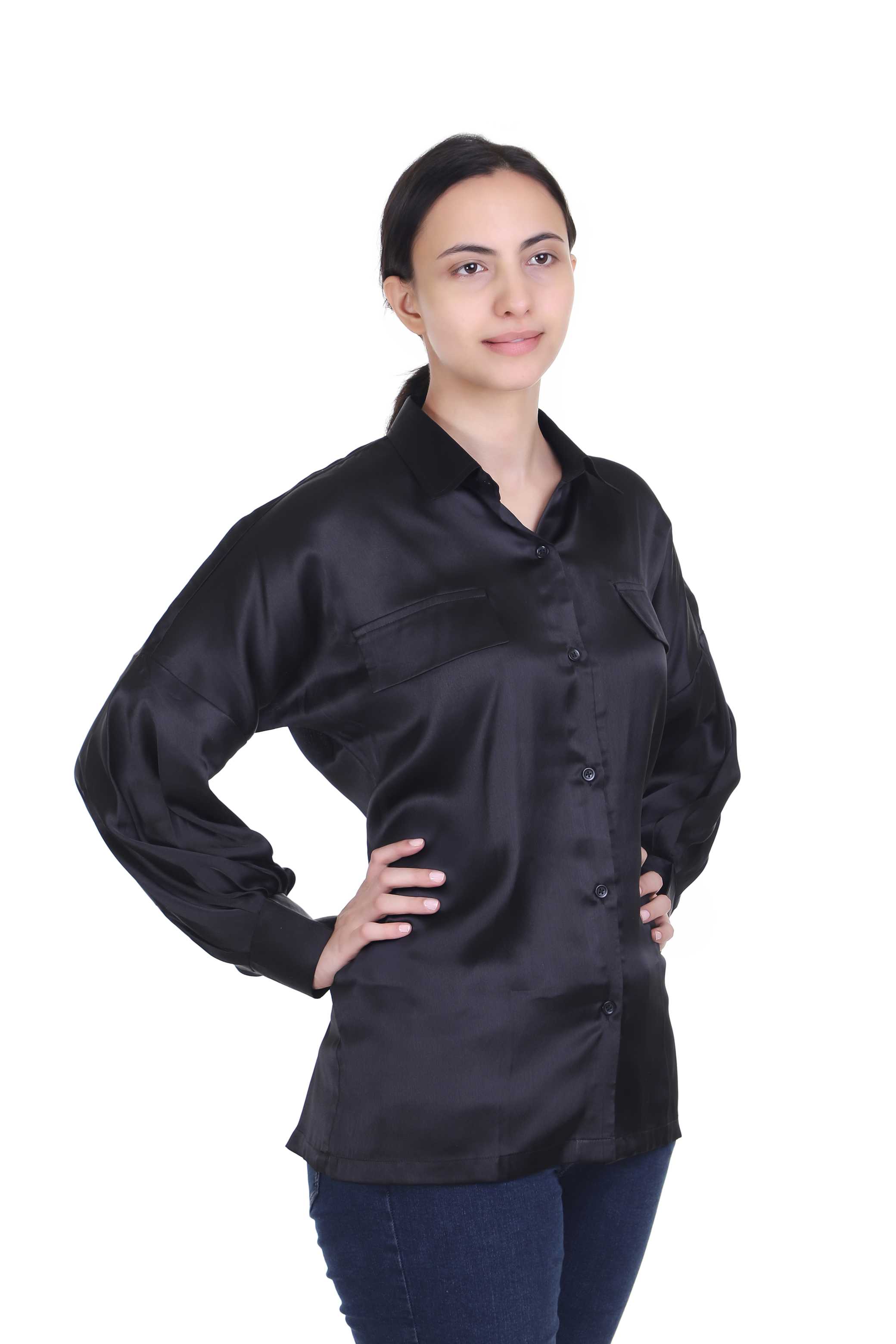 SOLID BLACK SATIN SHIRT FOR WOMEN