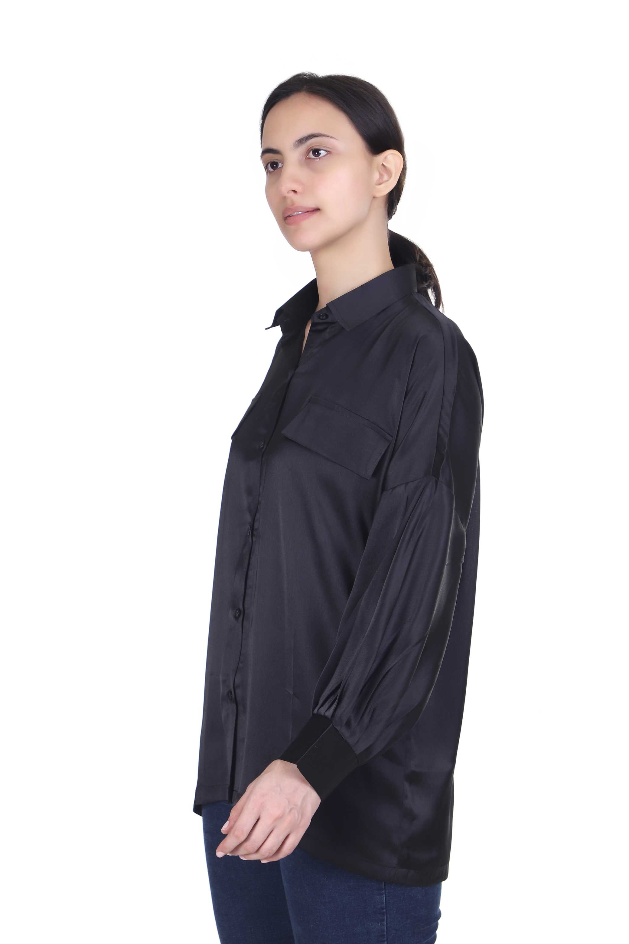 SOLID BLACK SATIN SHIRT FOR WOMEN