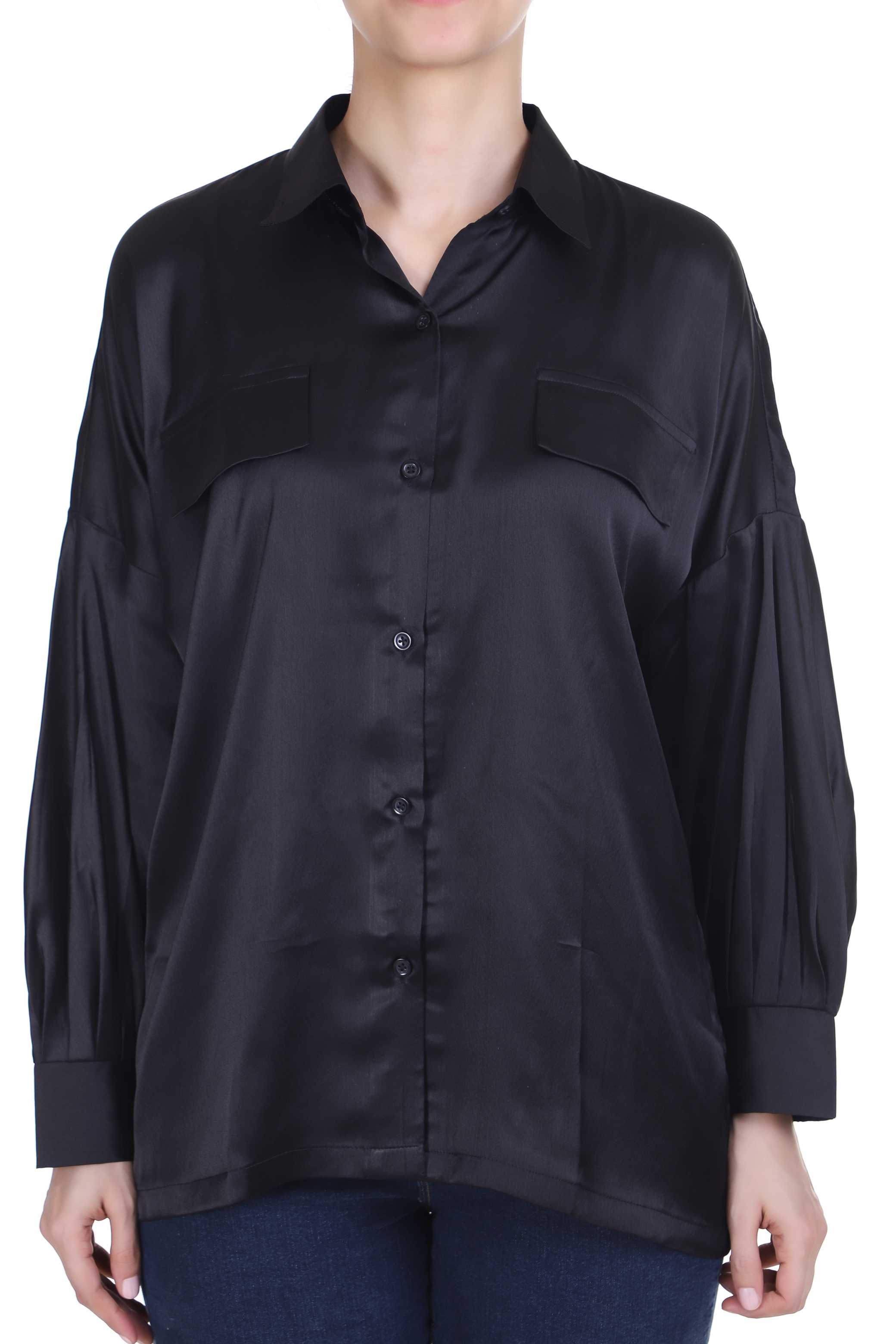 SOLID BLACK SATIN SHIRT FOR WOMEN