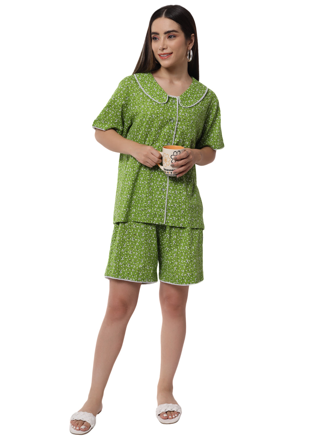 PRINTED GREEN HALF SLEEVES NIGHT SUIT FOR WOMEN