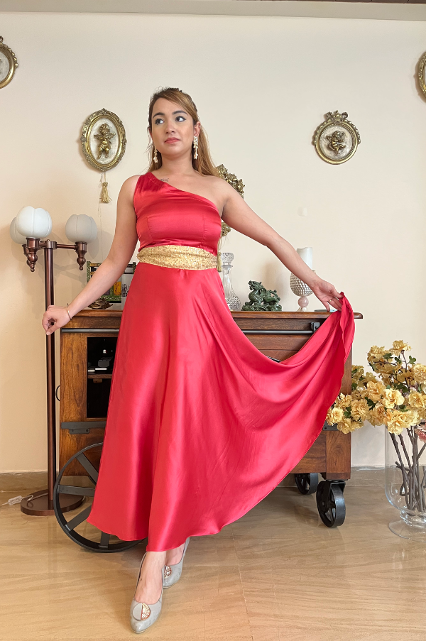 Rich Pink Satin One Shoulder Maxi Dress for Women