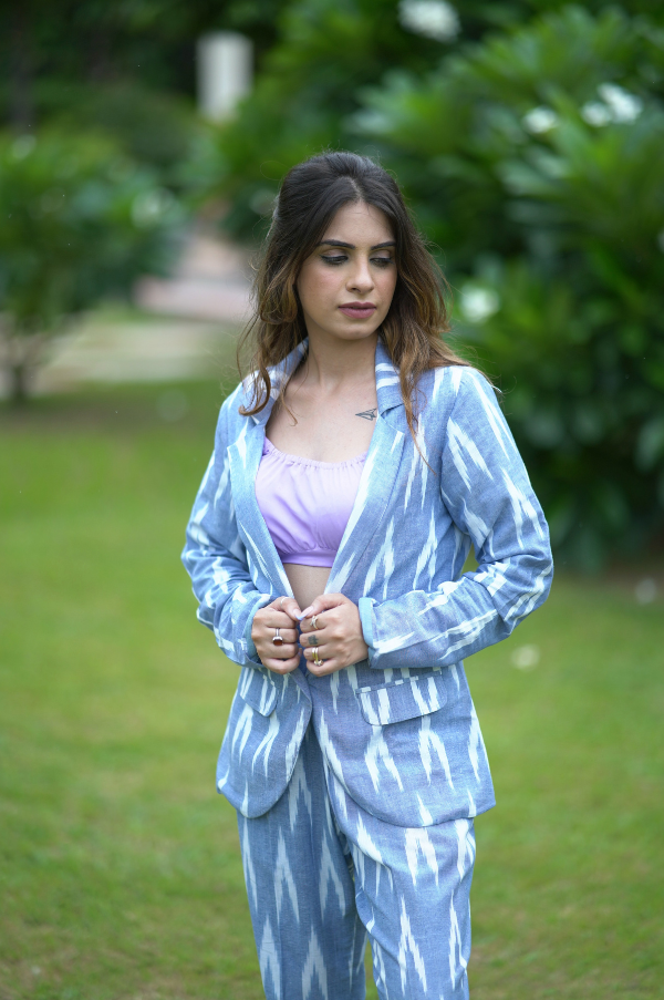 Blue Ikat Blazer with Trousers Coord Sets for women