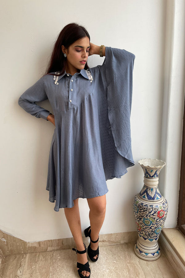 RAYON GREY SHORT DRESS FOR WOMEN